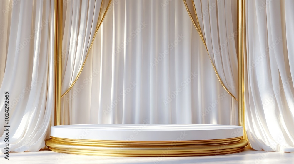 Poster 3d rendering of a roman style white and gold podium with a curved gold backdrop against a white curt