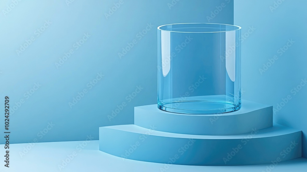 Aufkleber 3D rendered abstract background featuring blue isometric cube steps and a transparent glass cylinder in a geometric arrangement Includes space for product design presentation or promotional banner