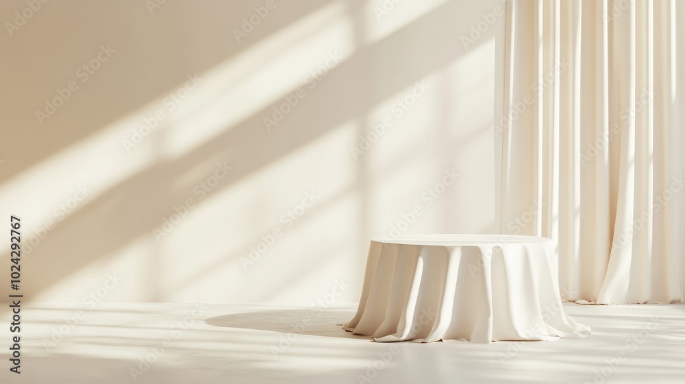 Aufkleber 3D render of an abstract monochrome beige background featuring sunlight rays A contemporary minimalistic scene with an empty podium designed for product display accompanied by a table draped in wh