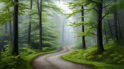 Fototapeta premium Misty forest path leading through a serene and ethereal landscape with soft morning light filtering through the trees creating a peaceful and captivating atmosphere for and contemplation