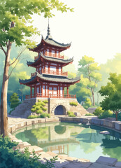 Fototapeta premium Traditional Asian Pagoda by Serene PondKeywords: Asian Pagoda, Traditional, Serene Pond, Nature, Architecture, Scenic
