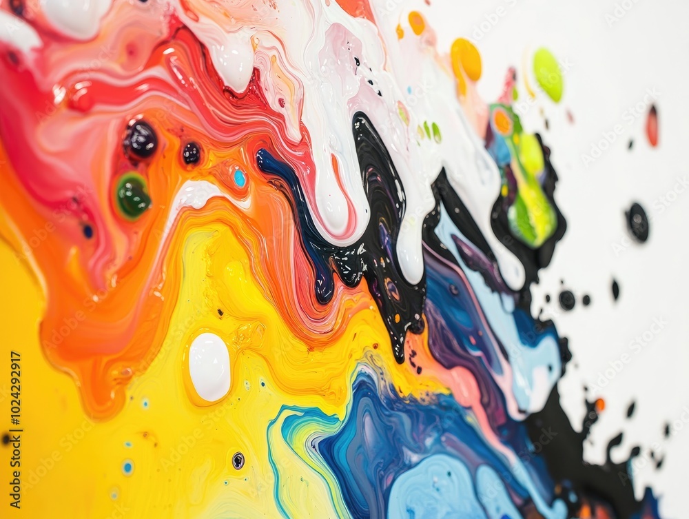 Aufkleber Abstract artwork created by vibrant paint flow in a factory setting showcasing a dynamic interplay of colors reminiscent of fluid motion
