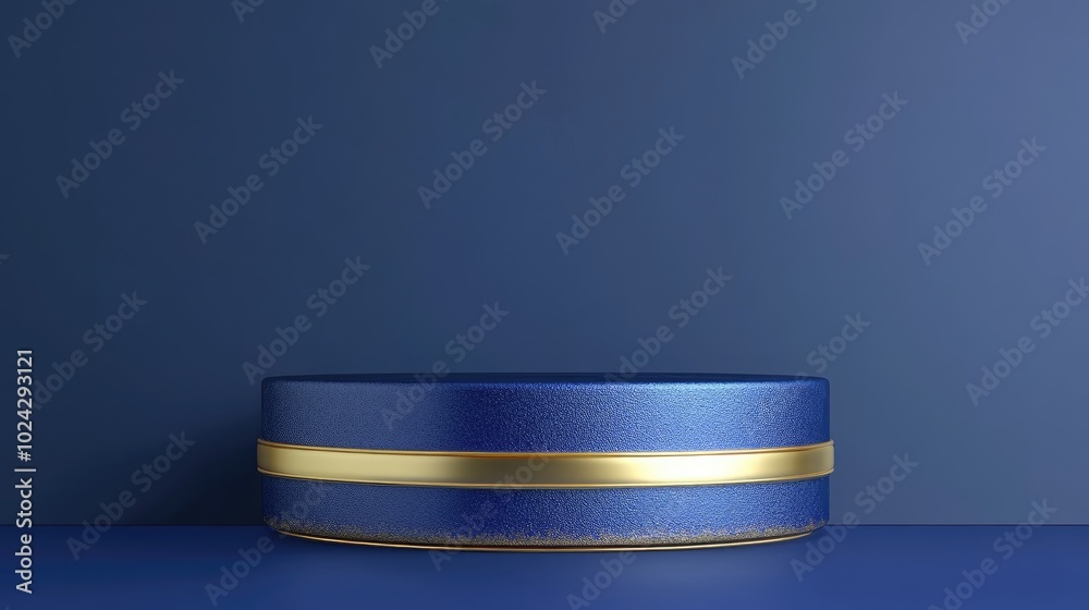 Poster blue cylinder podium featuring a gold border and gold circle against a blue backdrop abstract minima