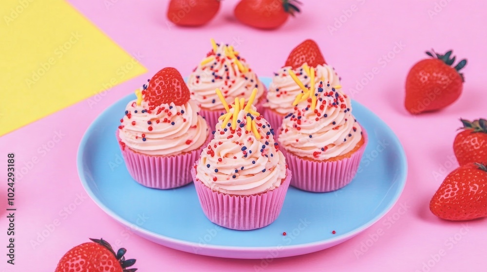 Aufkleber Chu Cream with Fresh Strawberries Strawberry Chu Cream Recipe Displayed on a White Plate Closeup of Chu Cream and Strawberries Topped with Vanilla Cream Bakery Image with Space for Text