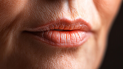 Fototapeta premium Woman Displaying Prominent Wrinkles Around Her Mouth, Highlighting Aging.