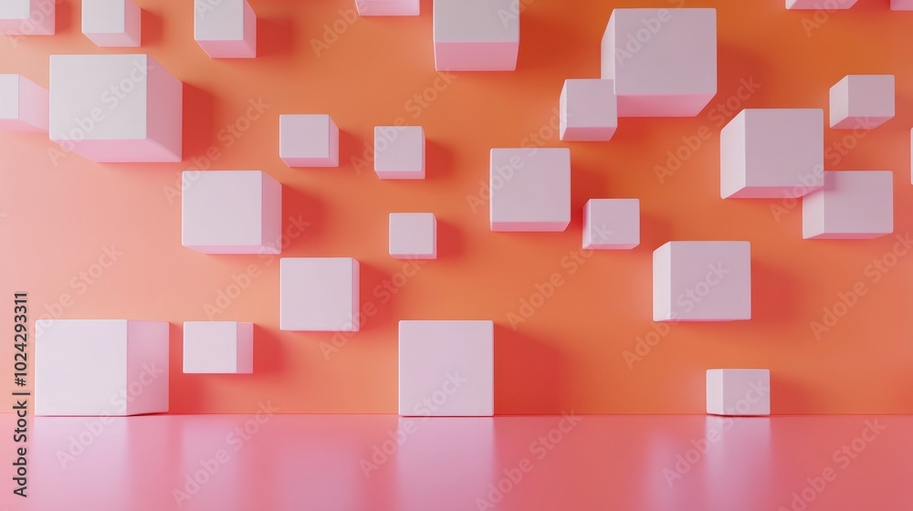 Aufkleber 3D abstract minimal background featuring an orange wall with square shapes in pink and white created through rendering