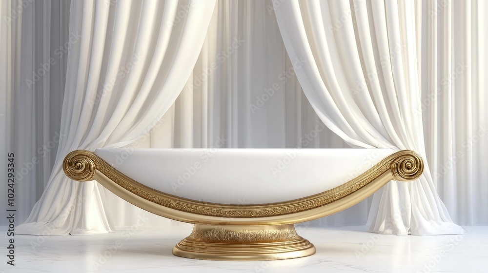 Poster 3d rendering of a roman style white and gold podium with a curved gold backdrop against a white curt
