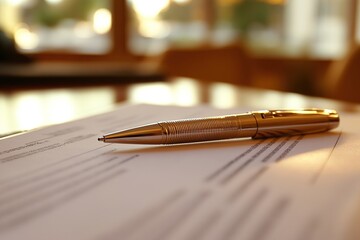 Fototapeta premium pen resting on a document in soft warm light, symbolizing business agreement or contract signing
