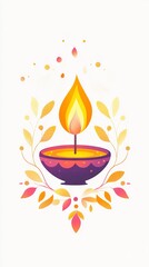Colorful illustration of a traditional Diwali oil lamp with a glowing flame, surrounded by decorative leaves and abstract elements.