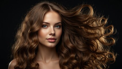 Fototapeta premium Hair care, portrait and woman in studio with beauty, healthy and shiny salon treatment for grooming. Happy, wellness and female person with long, wavy and volume hairstyle routine by black background