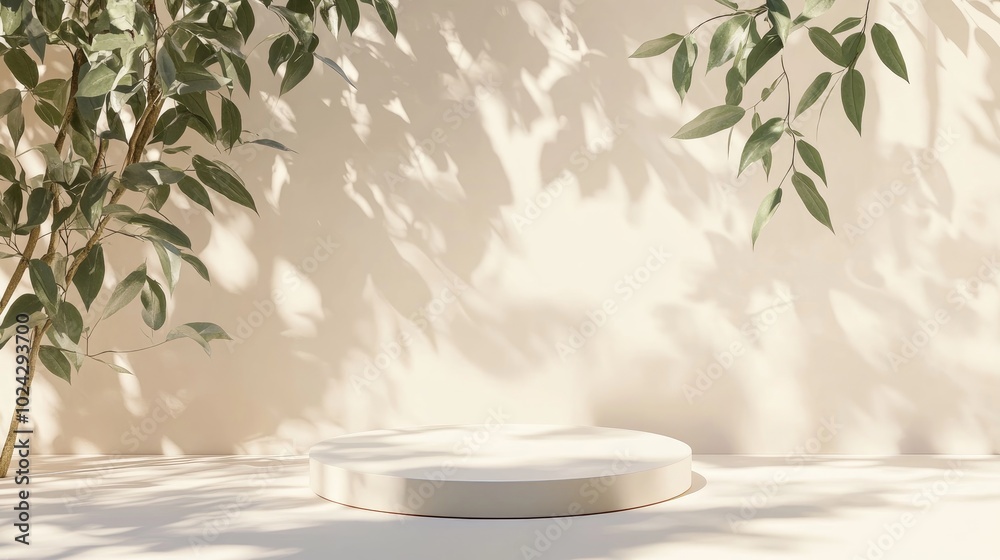 Poster Abstract minimal nature composition featuring an empty stage with a white circle podium against a beige backdrop complemented by soft shadows from tree leaves Ideal setting for showcasing cosmetic
