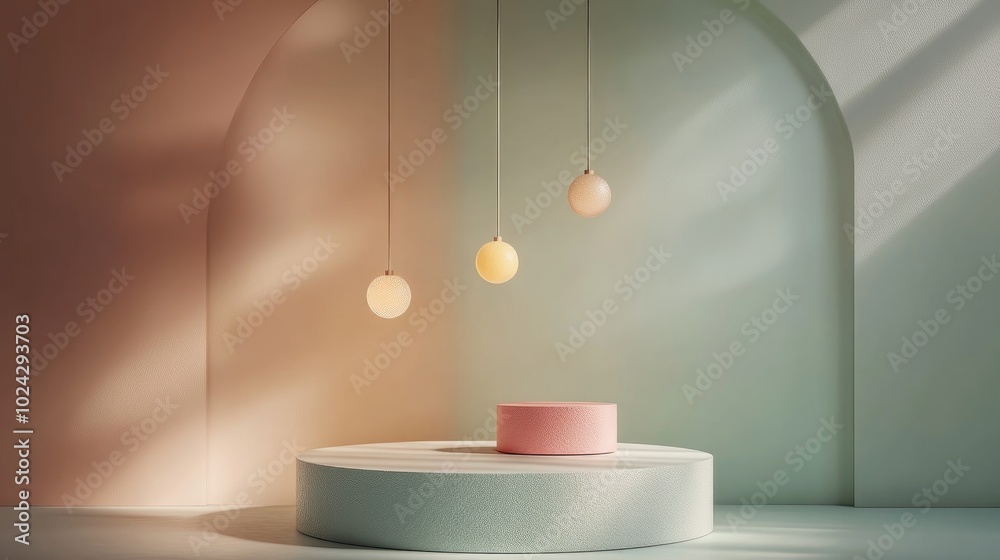 Poster Colorful block minimal circular podium designed for product display featuring light shapes and pendant lamp in a 3D rendered illustration background