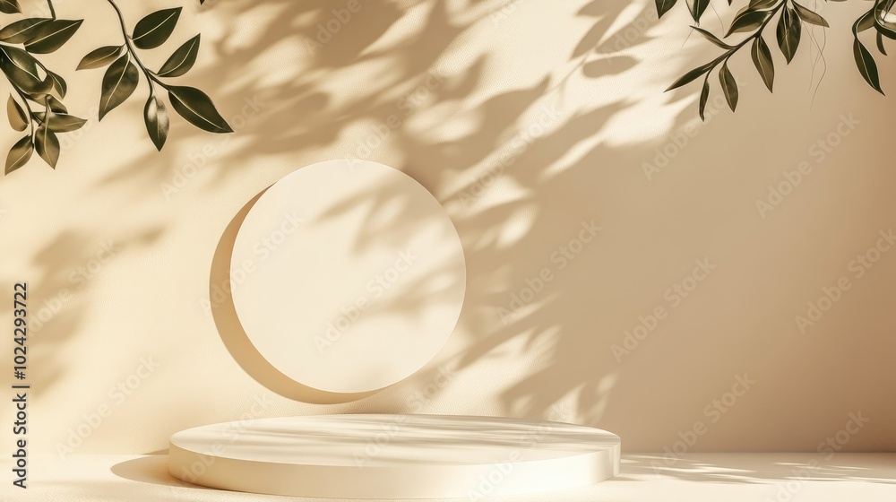 Poster Abstract minimal nature composition featuring an empty stage with a white circle podium against a beige backdrop complemented by soft shadows from tree leaves Ideal setting for showcasing cosmetic