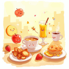 Whimsical Breakfast Scene with Fruits and Drinks

Notable elements:
- Fruits (apple, banana, strawberry) with cute faces
- Coffee, tea, and juice
- Varied food items (toast, sandwich, pancakes)