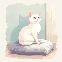 White Cat with Blue Eyes Sitting on Pillow