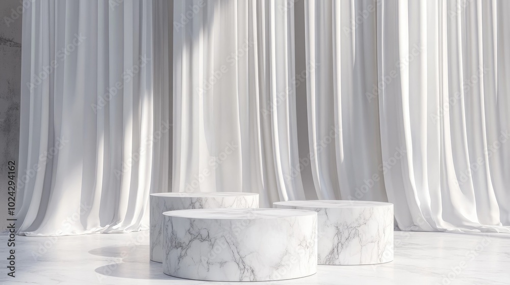 Poster 3d rendering of blank white marble display podiums for advertising against a white curtain backdrop 