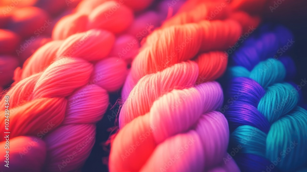 Poster close up of soft focused red yarn threads for crafting and knitting projects