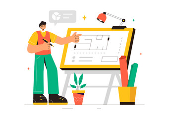 Vector illustration of a Drafting Engineer or Architect Working on a Drawing Board, Projecting Plans and Creating Drafts for Construction Projects