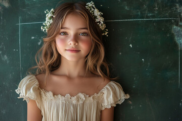 Obraz premium beautiful 12-year-old blonde girl writing with white chalk on a green school blackboard, girl smiling, marble floor, beige dress, with flowers in her hair.
