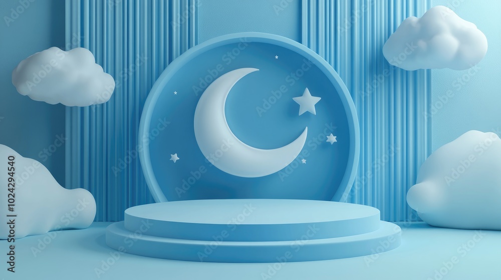 Aufkleber Blue showcase stage featuring a flat 3D moon and star in a minimal podium display background 3D illustration and rendering