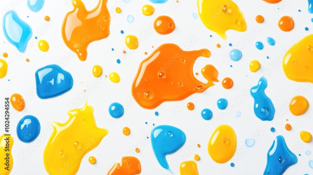 Poster abstract pattern of orange blue and yellow droplets on a white background