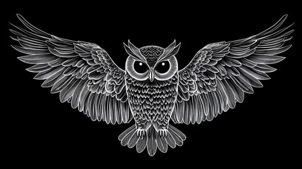 Obraz premium Owl design using only outlines of wings, circular eyes, and beak, no interior details, set against a solid black background. High contrast, sharp lines, flat illustration style, hd quality,