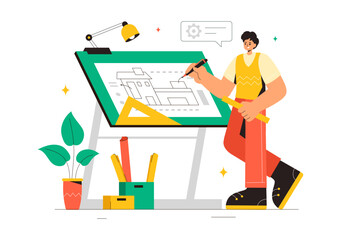 Vector illustration of a Drafting Engineer or Architect Working on a Drawing Board, Projecting Plans and Creating Drafts for Construction Projects