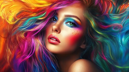Fototapeta premium Woman with bright rainbow hair and colorful makeup stares intensely at the camera.