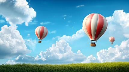 Fototapeta premium Whimsical and colorful hot air balloons gently floating over a serene picturesque countryside landscape An enchanting scene of freedom adventure and the power of imagination