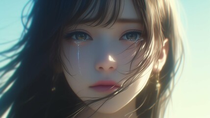 Naklejka premium 涙を流すリアルアニメ調の美少女