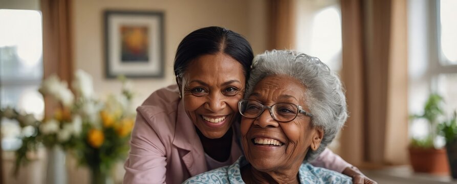 Happy senior black woman in a nursing home. Smiling old african american female pensioner being cared for by a nurse