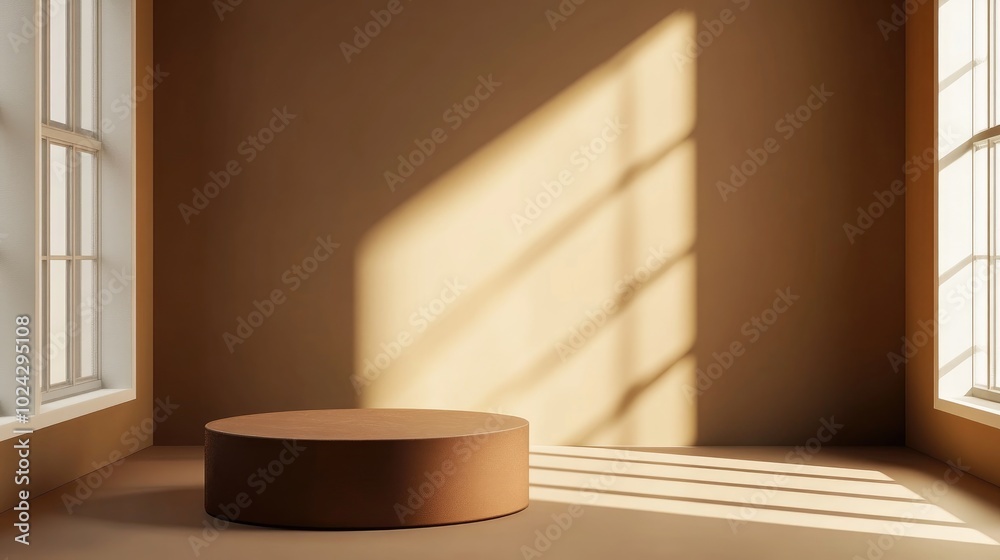 Poster Brown display pedestal in room with window light background 3D rendering