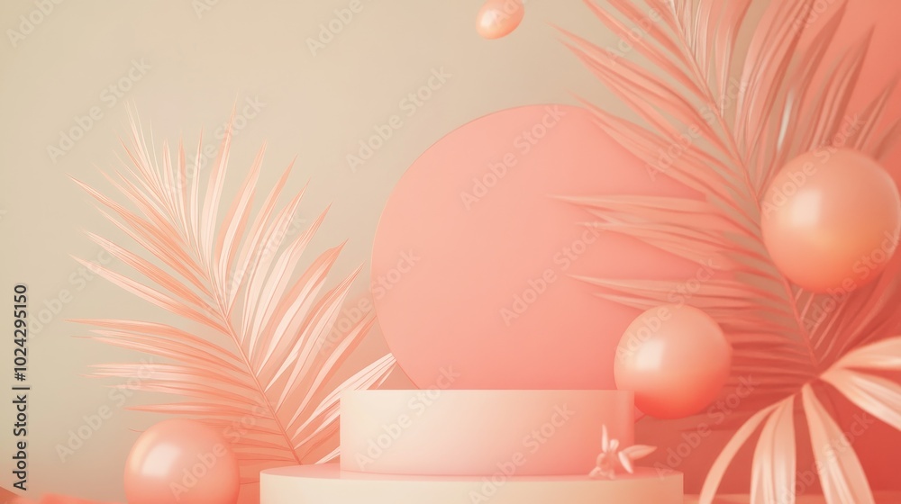 Aufkleber 3D rendering of a podium display in a boho style featuring abstract shapes and palm leaves Minimal pastel background designed for showcasing cosmetics and products