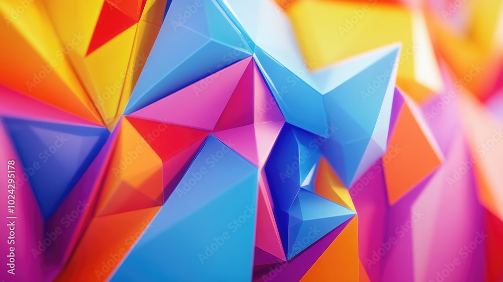 Poster Abstract low poly 2D cartoon design featuring vibrant whimsical shapes suitable for backgrounds or patterns