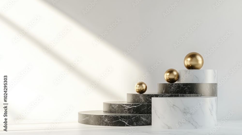 Poster black and white marble pedestal steps against a white backdrop featuring gold spheres and three cyli