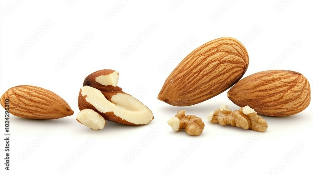 Poster almonds and walnuts with a cracked walnut on a white background