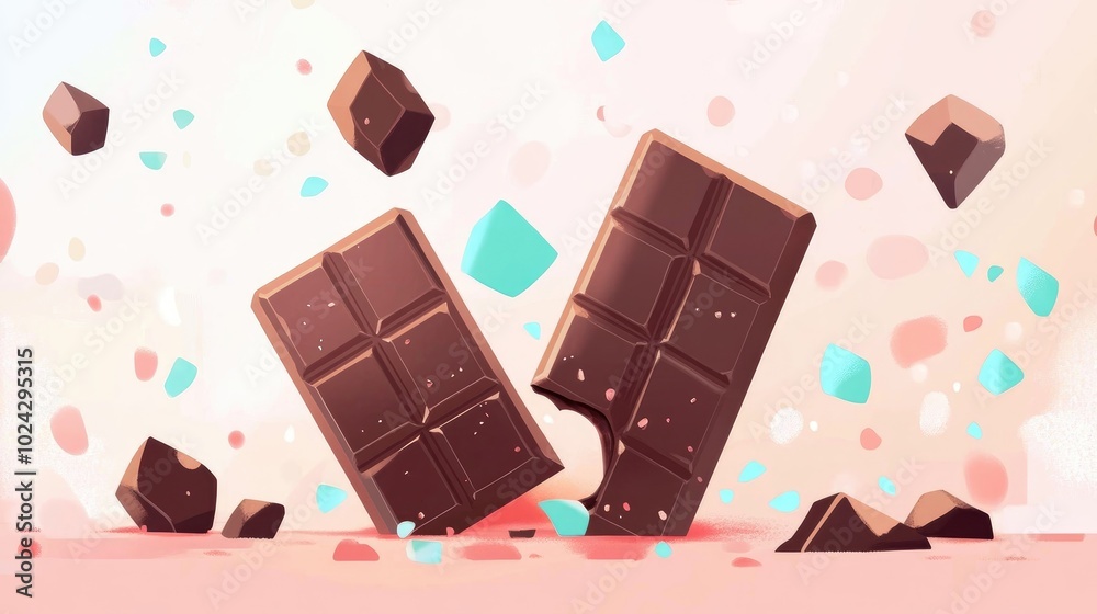 Poster a milk chocolate bar shattered into numerous fragments with pieces of chocolate scattered on a table