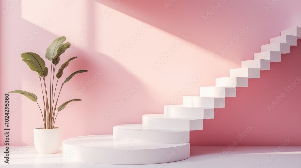 Poster 3D rendering of an abstract minimalistic background featuring pink and white stairs with a podium in pastel shades