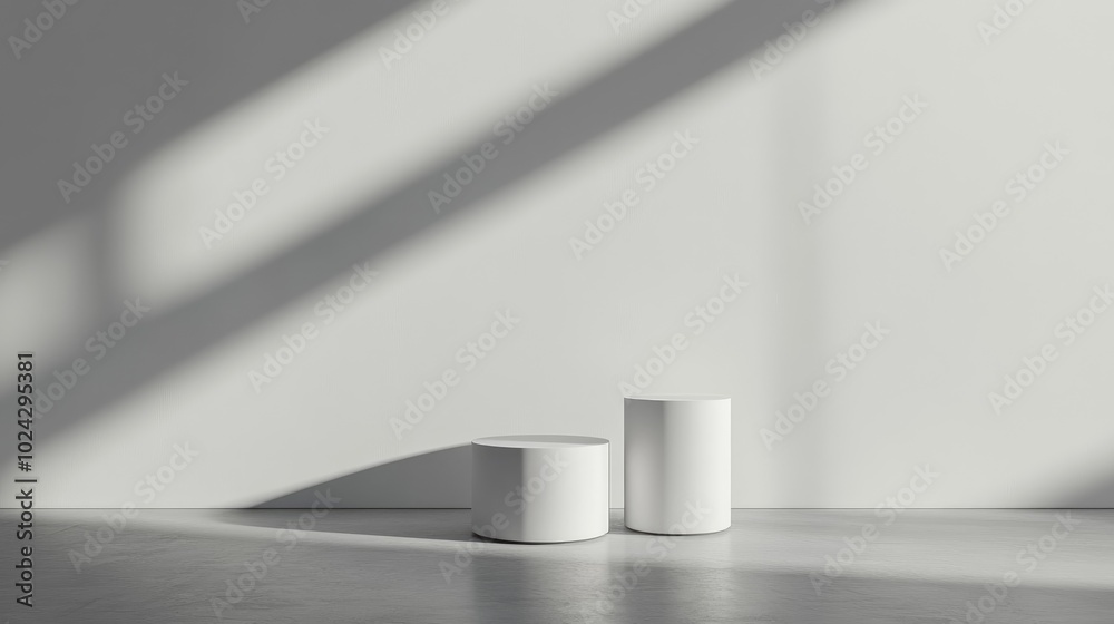 Aufkleber 3D rendering of an abstract grey backdrop featuring a modern minimalistic display with two vacant cylinder pedestals for showcasing products