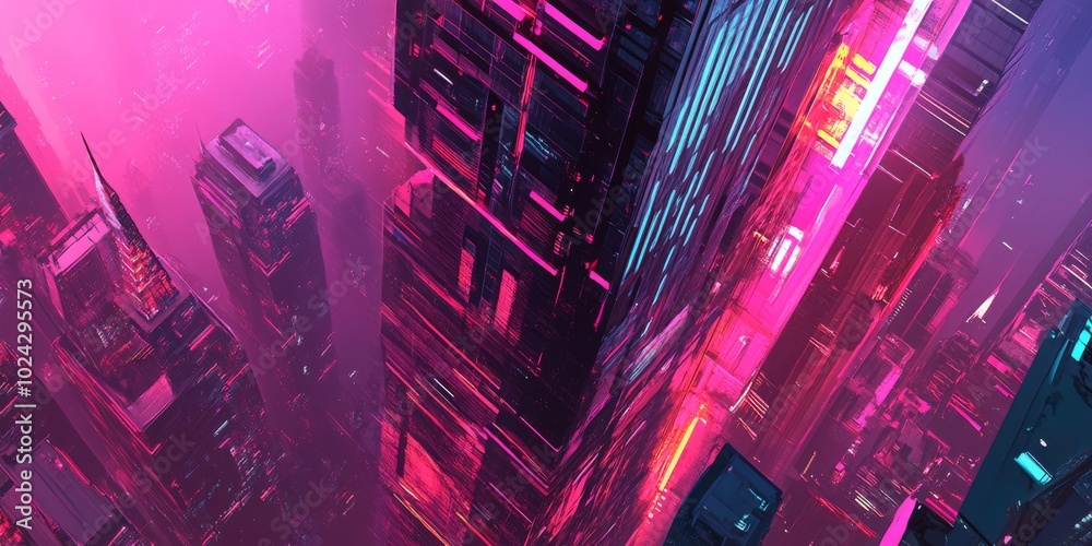 Canvas Prints Futuristic skyscraper set against a bold, abstract scene of neon hues and intricate shapes.