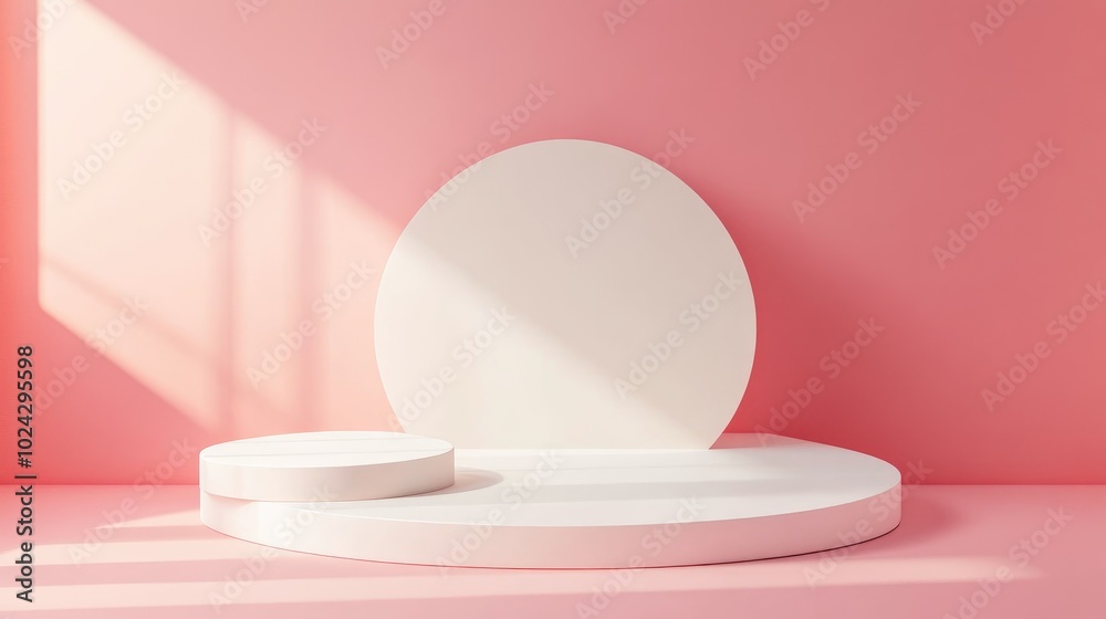 Poster Abstract geometric shapes with white and pink podiums on a pink background for product display Minimalist concept 3D rendering