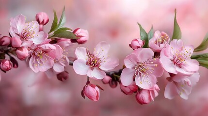 Obraz premium Delicate cherry blossoms with soft pink petals blooming in a peaceful lush garden landscape A serene natural scene with a calming harmonious atmosphere