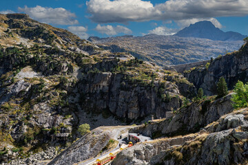 mountain range with a railway that goes through it. It's the Artouste small railway ,Pyrenees Atlantiques, france
