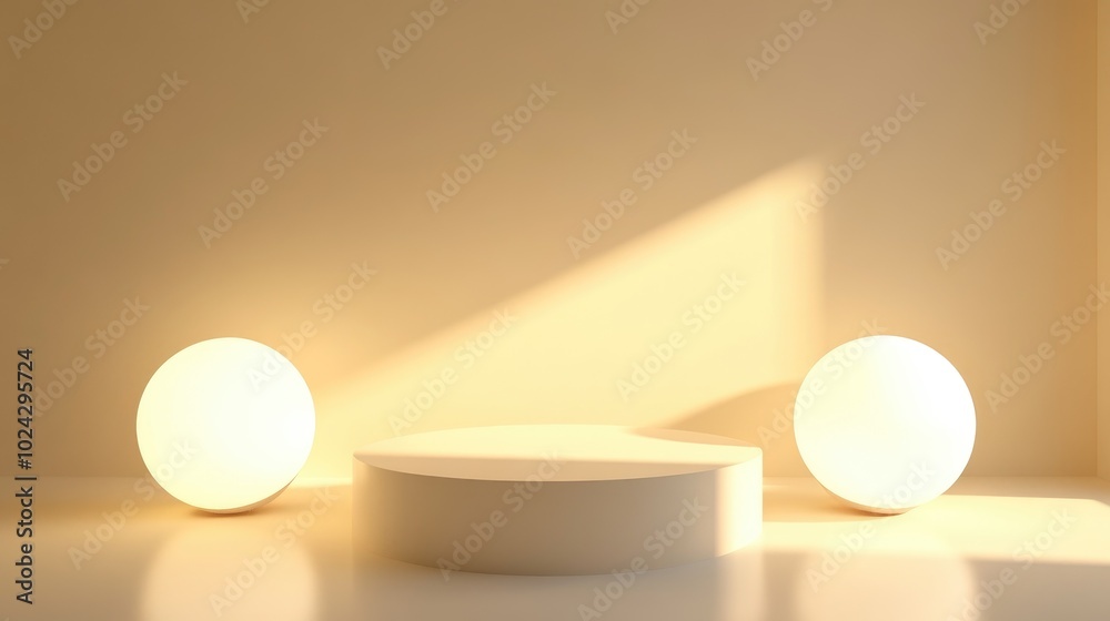 Aufkleber 3D rendering of an abstract cosmetic background featuring a minimal podium for product display An empty scene with spherical lighting and a pastel cream wall creates a fashion showcase atmosphere