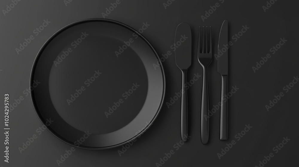 Poster blank black plate mockup featuring a fork and knife viewed from above showcasing clear ceramic dishw