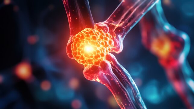 A close-up visualization of a joint, highlighting cellular structures and interactions.