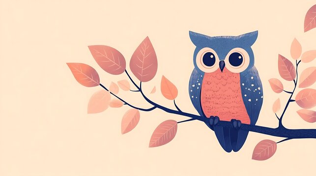 Owl illustration composed of negative space and basic shapes, perched on a straight branch, set against a soft pastel background. Clean composition, no additional textures, flat colors, hd quality,