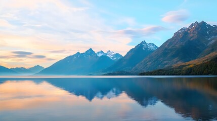 Fototapeta premium A serene mountain lake with soft pastel colored skies and gentle waves lapping at the shore creating a peaceful and calming natural landscape