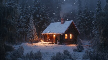 A cozy cabin in the snowy woods with warm lights glowing in the windows and smoke rising from the chimney.