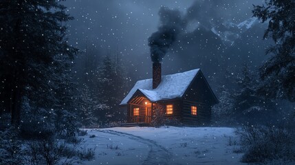 A cozy cabin in the woods with snow falling on a winter's night.